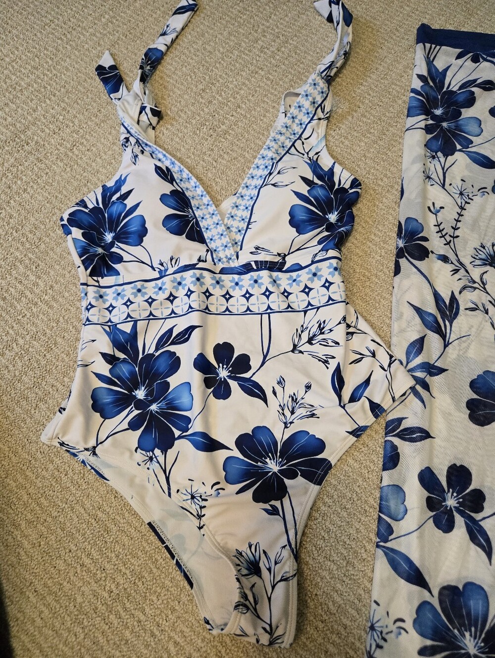 Blue Floral One-Piece Swimsuit And Sarong